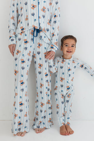 In My Jammers Hanukkah Bears Women's Set
Two children wearing matching pajamas with teddy bear and cloud pattern on a white background