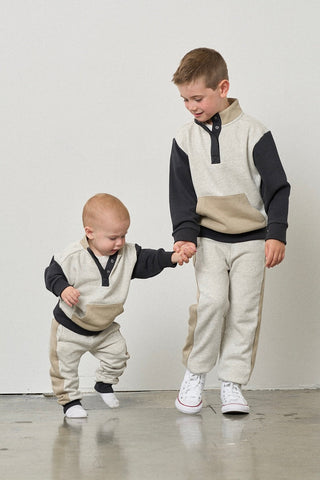 Little Bipsy Colorblock Mockneck Pullover - Stone Grey
Little Bipsy Side Stripe Jogger - Stone Grey
Two children wearing matching outfits with a plain background