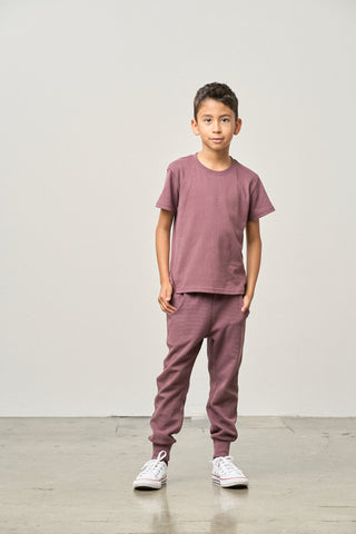 Little Bipsy Elevated Tee - Huckleberry
Child wearing a mauve t-shirt and pants standing against a white background