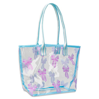 Iscream Spring Bows Clear Tote Bag
Clear tote bag with pink and purple floral patterns and blue handles on a white background