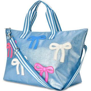 Iscream patched bow overnight bag in light large size with colorful patchwork design and bow detail, ideal for travel or overnight stays.