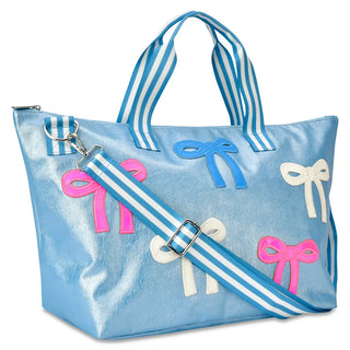 Iscream Patched Bow overnight bag in pink with colorful patchwork and bow design, large size for travel or overnight use.