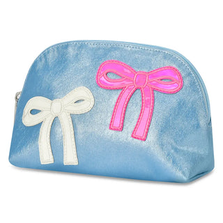 Iscream patched bow oval cosmetic bag in light pink with patchwork design, perfect for storing makeup and toiletries.