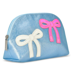 Iscream Patched Bow oval cosmetic bag with colorful patchwork design and zipper closure, ideal for makeup and travel storage.