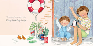 Hachette Baby’s First Birthday Board Book
Illustration of two children by a door with a penguin, surrounded by beach items.