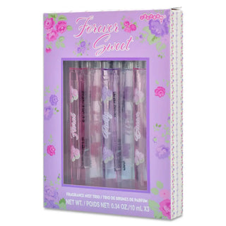 Iscream Forever Floral Fragrance Trio
Purple packaging of 'Forever Sweet' perfume set with floral designs on a white background