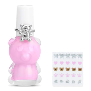 Iscream Beary Cute Nail Polish & Ring Set
Pink bear-shaped container with a silver lid, next to a sheet of stickers featuring bears and hearts.
