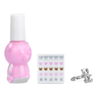 Iscream Beary Cute Nail Polish & Ring Set
Pink nail polish bottle, teddy bear earrings, and silver ring on a white background