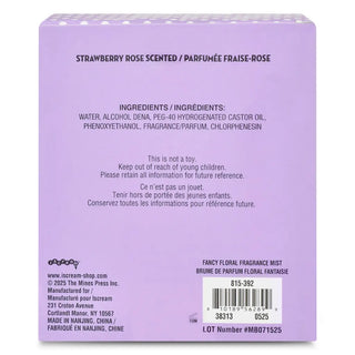 Iscream Fancy Floral Fragrance Mist
Back label of a strawberry rose scented product with ingredients list and branding details.