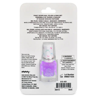 Iscream Fancy Bows Nail Polish & Ring Set
Back of a nail polish packaging with product details and warning labels.