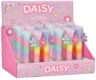Iscream Daisy Lip Gloss in a clear tube showing glossy, pink lip gloss with a floral design on the packaging.