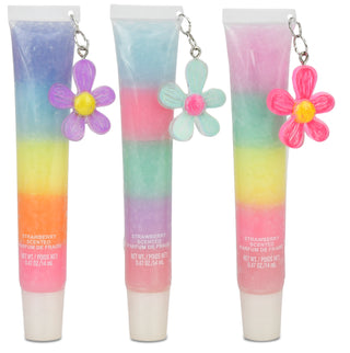 Iscream Daisy Lip Gloss in a clear tube with pink and yellow flower design, showing glossy finish and colorful packaging.