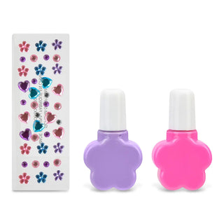 Iscream Daisy Beauty Set
Two flower-shaped nail polishes with a sheet of colorful heart-shaped stickers on a white background.