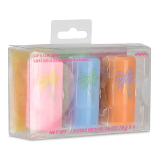 Iscream Palm Paradise Lip Balm Set featuring colorful tropical-themed lip balms in a decorative packaging.