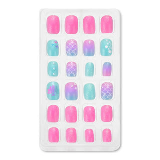 Iscream Mermaid Vibes press-on nail set featuring vibrant, mermaid-inspired nail polish designs on long, glossy artificial nails.