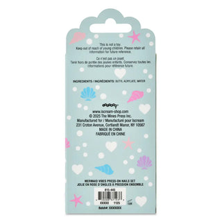 Iscream Mermaid Vibes press-on nail set featuring colorful, mermaid-themed nail polish designs on a clear plastic backing.