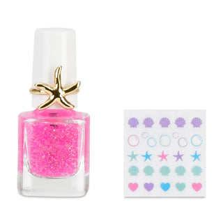 Iscream Mermaid Vibes nail polish ring set with colorful bottles and stickers, featuring mermaid-themed designs and decorative rings.