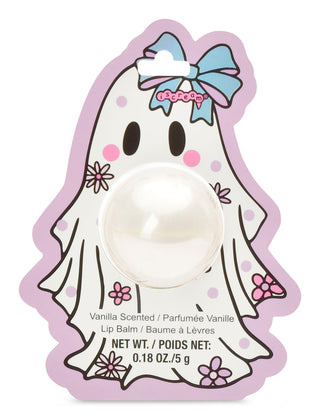 Iscream Ghost Lip Balm
A ghost-shaped lip balm package on a white background. The package features a cartoon ghost illustration with a blue bow, pink polka dots, and flowers, surrounding a round white lip balm puck.