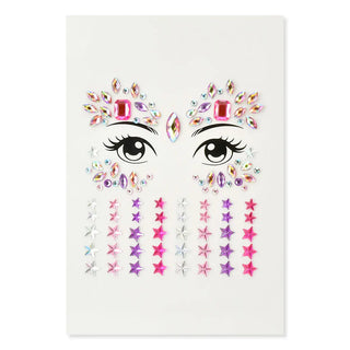 Iscream Cute n Spooky Face Gems
A sheet of decorative face gems and star stickers displayed on a white background, featuring illustrated eyes with jeweled eyebrow and cheek designs above rows of star-shaped gems in pink, purple, silver, and white.