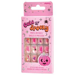 Iscream Cute n Spooky Press On Nails
A pink retail box of 'Cute 'n Spooky' press-on nails, featuring a clear window displaying 24 pink press-on nails with various cute Halloween designs like ghosts, pumpkins, spiders, and moons.