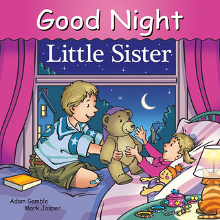 Penguin Random House v
Children's book cover titled 'Good Night Little Sister' with a boy and girl in bed with a teddy bear.