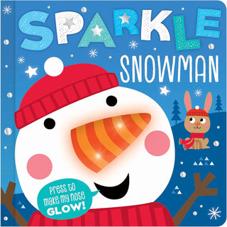 Sparkle the Snowman Board Book
Children's book cover featuring a snowman with a glowing nose on a blue background.