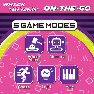 Whack Attack On-The-Go - Flashing Handheld Game
Game mode selection screen for 'Whack Attack On-The-Go' with icons and text on a pink and purple background.