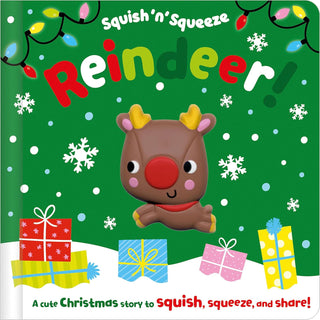 Squish 'n' Squeeze Reindeer! Board Book
Children's book cover titled 'Squish 'n' Squeeze Reindeer' with a reindeer illustration on a green background.