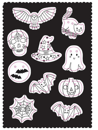 Press Out and Decorate: Halloween Board Book
Set of Halloween-themed line art illustrations on a black background
