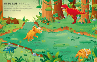 First Sticker Book T. Rex Activity Book
Illustration of dinosaurs in a prehistoric forest with text about their hunting behavior.