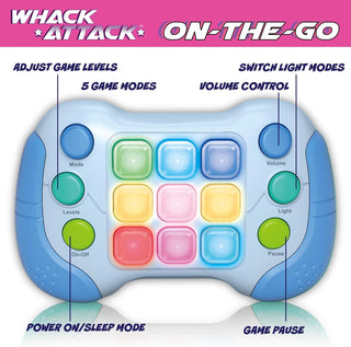 Whack Attack On-The-Go - Flashing Handheld Game
Toy controller with labeled features on a pink and white background