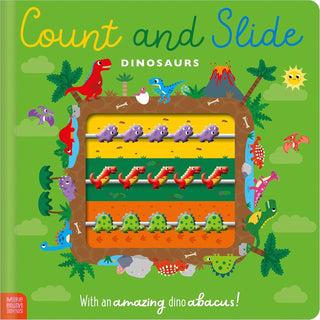 Count and Slide Dinosaurs Board Book
Children's book cover titled 'Count and Slide Dinosaurs' with a dino abacus illustration on a green background.