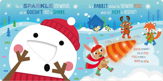 Sparkle the Snowman Board Book
Children's book page with a snowman and rabbit in a snowy landscape