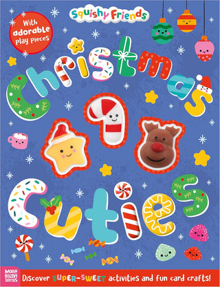 Squishy Friends: Christmas Cuties Paperback Book
Book cover of 'Christmas Cuties' with colorful Christmas-themed illustrations on a blue background.