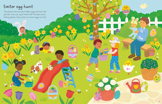First Sticker Book Easter: An Easter and Springtime Sticker Activity Book
Illustration of children on an Easter egg hunt in a garden with flowers and a tree.