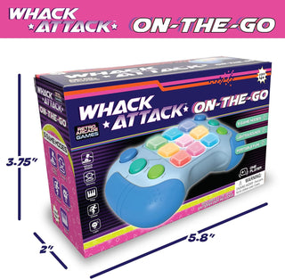 Whack Attack On-The-Go - Flashing Handheld Game
Box of 'Whack Attack On-The-Go' game with colorful controls and dimensions indicated.
