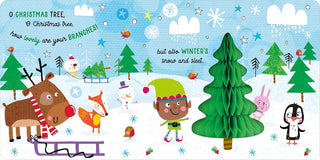 Jingle Bells Board Book
Illustrated winter scene with trees, animals, and a child near a Christmas tree.