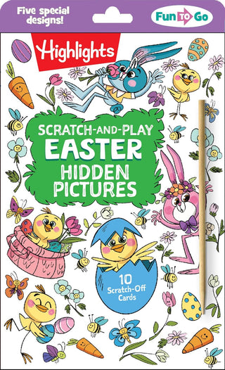 Scratch-and-Play Easter Hidden Pictures
Easter-themed scratch-off card with cartoon characters and colorful design on a white background.
