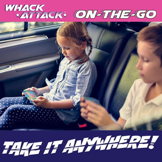 Whack Attack On-The-Go - Flashing Handheld Game
Two children sitting in a car with a product, surrounded by promotional text for 'Whack Attack On-The-Go'.