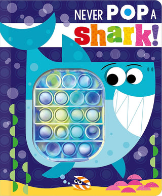 Never Pop a Shark! Board Book
Packaging of a pop-it toy shaped like a shark with colorful bubbles on a blue background.