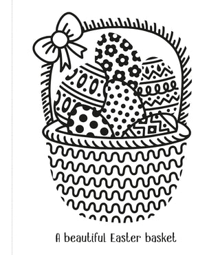 First Magic Painting Easter Eggs: A Fun Interactive Coloring Book
Black and white illustration of an Easter basket with eggs and a bow.