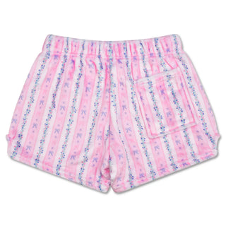 Iscream floral stripes plush shorts with colorful floral and stripe patterns, soft and cozy for comfortable wear.