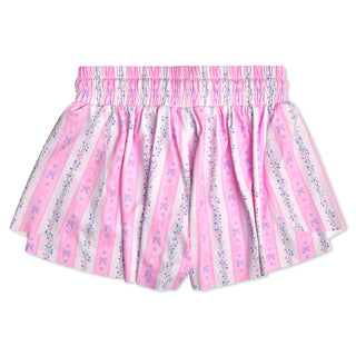 Iscream pink floral striped butterfly shorts with back view, lightweight casual shorts for girls, featuring colorful butterfly and floral patterns.