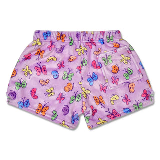 Back view of Iscream Bright Butterflies plush shorts featuring colorful butterfly patterns on soft, cozy fabric.