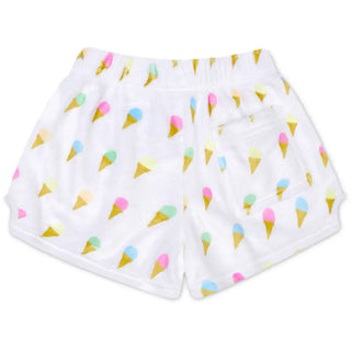 Iscream Sweet Scoops Plush Shorts
White shorts with colorful ice cream cone pattern on a white background