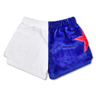 Iscream x Theme USA Party plush shorts featuring a colorful American flag design, soft fabric, and comfortable fit.