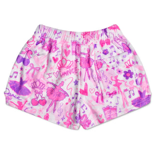 Iscream Corey Paige Love to Dance plush shorts with colorful dance-themed print and soft fabric, back view.