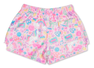 Iscream Unicorn Kisses plush shorts back view with colorful unicorn print and soft fleece texture