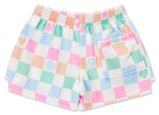 Iscream Pretty Smile Check plush shorts with colorful smiley face pattern and soft fleece texture