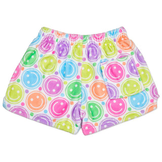 Iscream All Smiles plush shorts, back view with colorful smiley face print